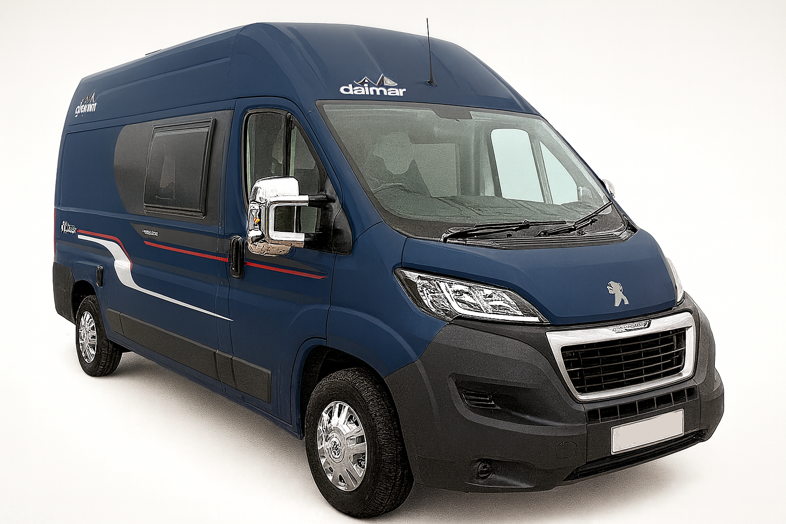 Blue Peugeot-based campervan, front three-quarter
